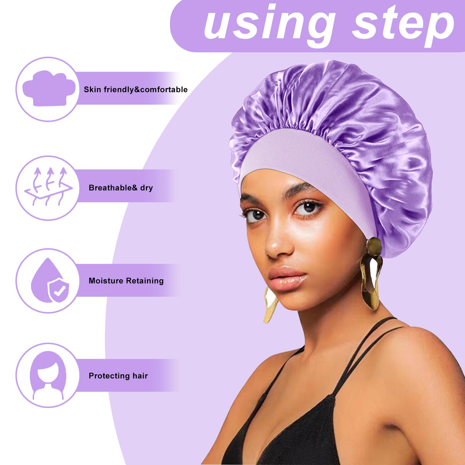 4PCS Silk Bonnet for Sleeping - Satin Bonnets for Black Women & Men, Elastic Wide Band Hair Wrap Cap for Curly Hair, Shower Cap (Black, Sapphire Blue, Pink, Purple)